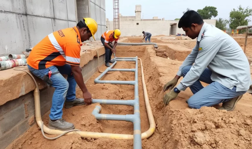 Anti-Termite Reticulation System installation showing underground pipes around building foundation