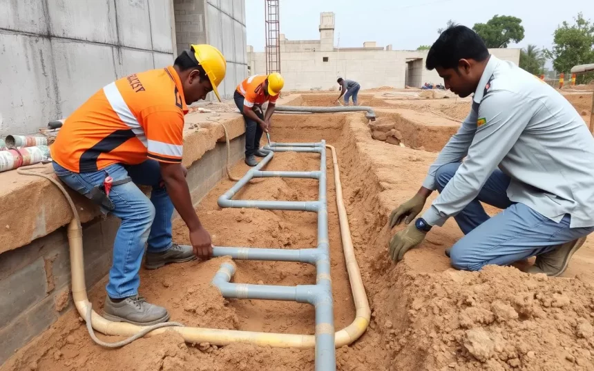 Anti-Termite Reticulation System installation showing underground pipes around building foundation