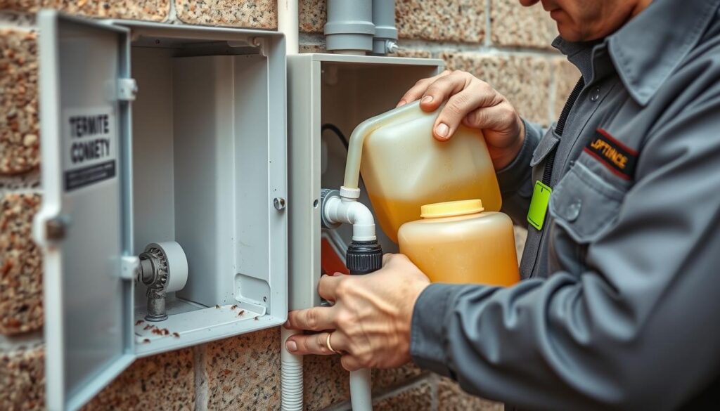 Technician recharging the Pipes System Termite Control for lifetime warranty protection